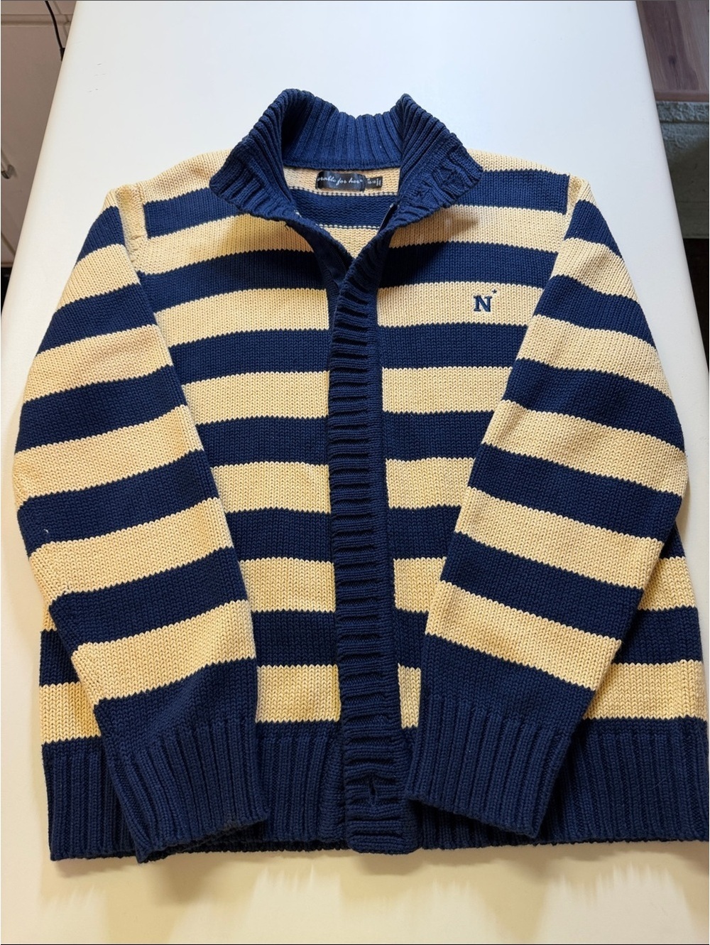 Nautica Women's Striped Full Zip Sweater Navy and Cream Size 16-18